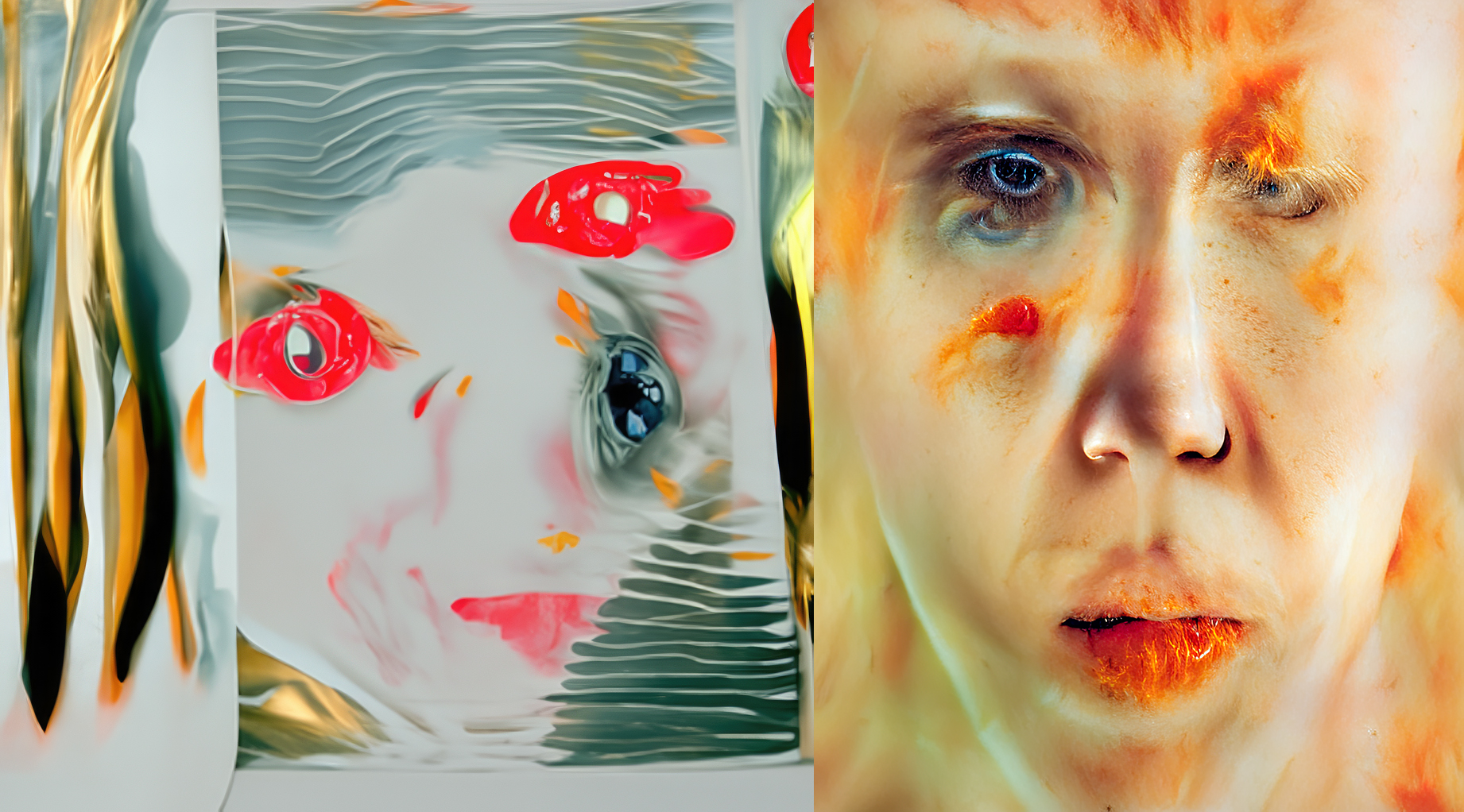 On the left: a heavily distorted, painterly face of green lines, bright red eyes, and a streak of yellow hair on a pale greenish gray background. On the right: a more realistic face with a white skin tone that also has distorted orange, almost furry sections.